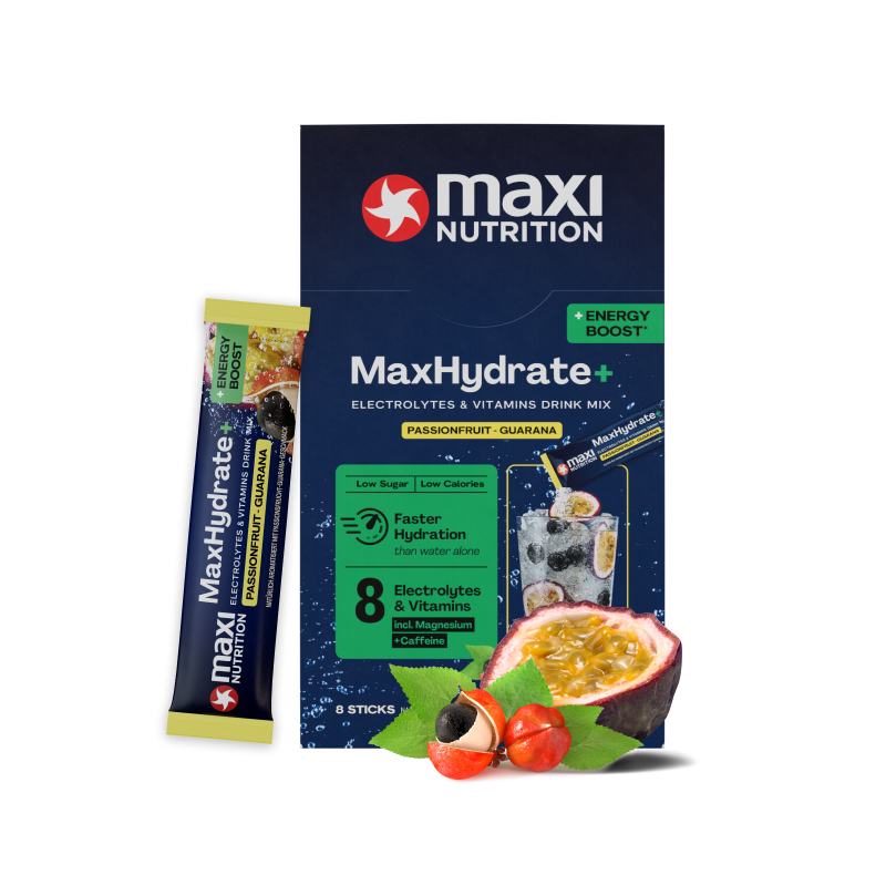 MaxHydrate+ Energy Boost Elektrolyt Getränk Passionfruit-Guarana 8 x 16 g